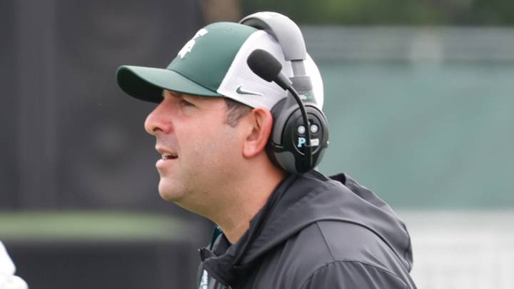 Michigan State offensive coordinator Nick Sheridan helps run practice during the first day of fall camp on Thursday, August 6, 2026. Michigan State offensive coordinator Nick Sheridan helps run practice during the first day of fall camp on Thursday, August 6, 2026.
