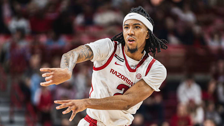 Boogie Fland (2) passes the ball against the North Carolina A&T Aggies. The Razorbacks won 95-67. Boogie Fland (2) passes the ball against the North Carolina A&T Aggies. The Razorbacks won 95-67.