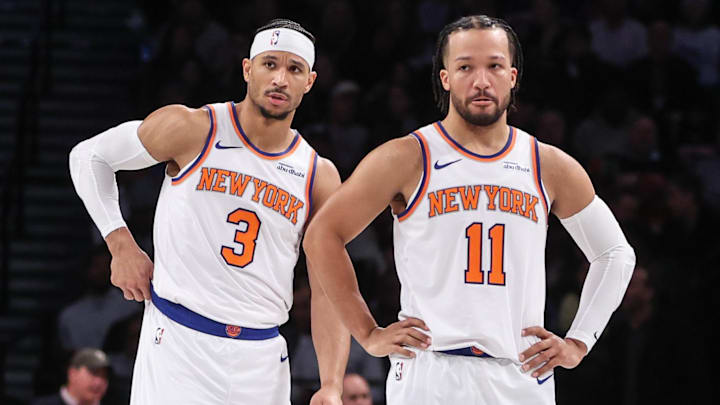 Jan 21, 2025; Brooklyn, New York, USA;  New York Knicks guards Josh Hart (3) and Jalen Brunson (11) at Barclays Center. Mandatory Credit: Wendell Cruz-Imagn Images