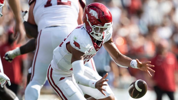 Arkansas Razorbacks quarterback Taylen Green (10) dives on a fumbled snap as Auburn Tigers take on Arkansas Razorbacks at Jordan-Hare Stadium in Auburn, Ala.