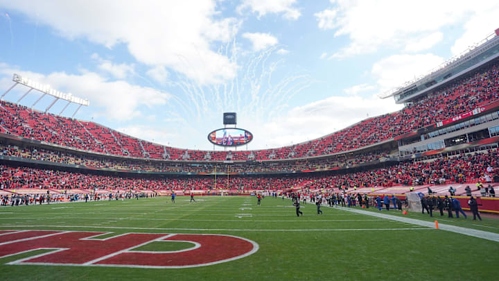 Jan 17, 2021; Kansas City, Missouri, USA; A general view the field as fireworks are set off before the AFC Divisional Round playoff game between the Kansas City Chiefs and Cleveland Browns at Arrowhead Stadium. Mandatory Credit: Denny Medley-Imagn Images