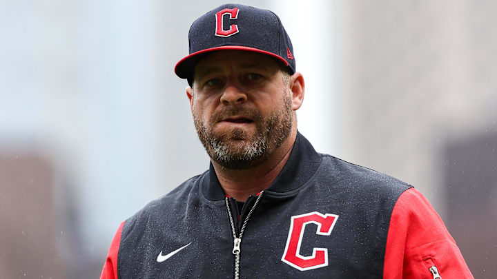 May 21, 2025; Minneapolis, Minnesota, USA; Cleveland Guardians manager Stephen Vogt (12) looks on before the first game of a doubleheader against the Minnesota Twins at Target Field. Mandatory Credit: Matt Krohn-Imagn Images