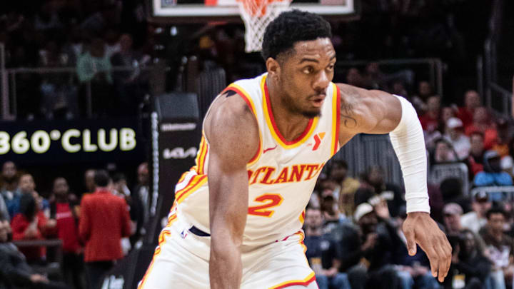 Mar 27, 2024; Atlanta, Georgia, USA; Atlanta Hawks guard Trent Forrest (2) drives the ball 
