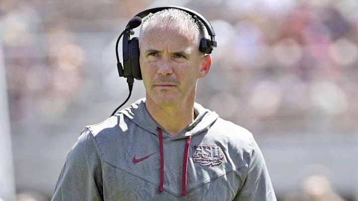 Sep 14, 2024; Tallahassee, Florida, USA; Florida State Seminoles head coach Mike Norvell looks on during the first half against the Memphis Tigers at Doak S. Campbell Stadium. Mandatory Credit: Melina Myers-Imagn Images