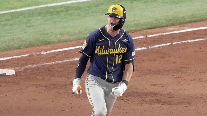 Milwaukee Brewers shortstop Cooper Pratt (12) celebrates a go ahead solo home run off of Tampa Bay Rays pitcher Ian Seymour (61) during the twelfth inning during Game 4 of the World Series at Tropicana Field in St. Petersburg, Fla. on Oct 27, 2026.