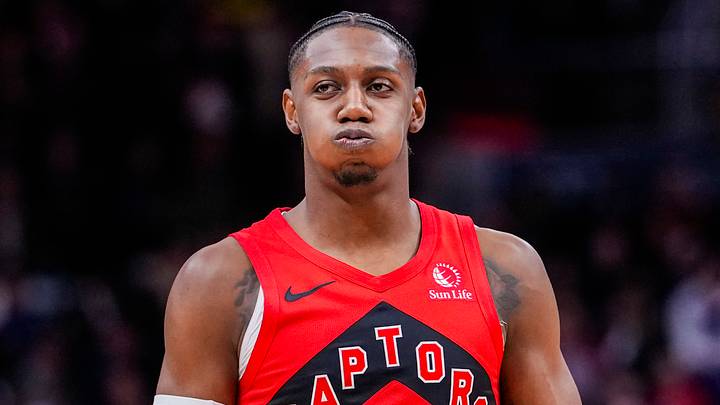 Dec 31, 2025; Toronto, Ontario, CAN; Toronto Raptors forward/guard RJ Barrett (9) reacts after missing a shot against the Denver Nuggets at Scotiabank Arena. Mandatory Credit: Kevin Sousa-Imagn Images