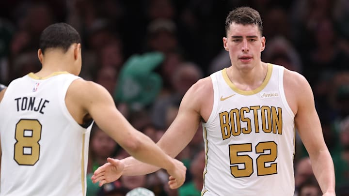 Apr 12, 2026; Boston, Massachusetts, USA; Boston Celtics forward Luka Garza (52) celebrates with Boston Celtics guard John Tonje (8) during the first half at TD Garden. Mandatory Credit: Paul Rutherford-Imagn Images Apr 12, 2026; Boston, Massachusetts, USA; Boston Celtics forward Luka Garza (52) celebrates with Boston Celtics guard John Tonje (8) during the first half at TD Garden. Mandatory Credit: Paul Rutherford-Imagn Images