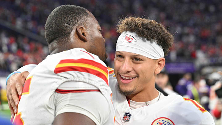 Oct 8, 2023; Minneapolis, Minnesota, USA; Kansas City Chiefs quarterback Patrick Mahomes (15) and defensive tackle Chris Jones (95) react after the game against the Minnesota Vikings at U.S. Bank Stadium. Mandatory Credit: Jeffrey Becker-Imagn Images