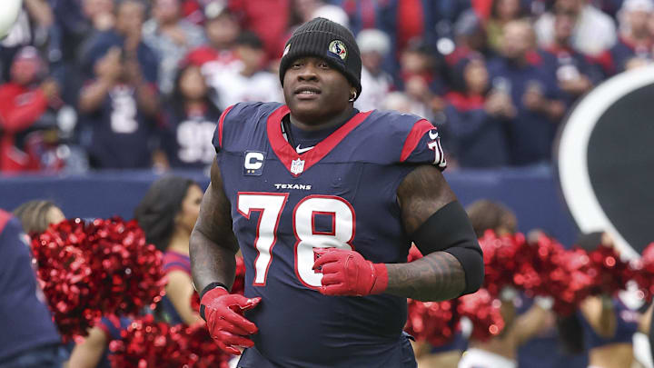 Dec 31, 2023; Houston, Texas, USA; Houston Texans offensive tackle Laremy Tunsil (78) before the game against the Tennessee Titans at NRG Stadium. Mandatory Credit: Troy Taormina-Imagn Images