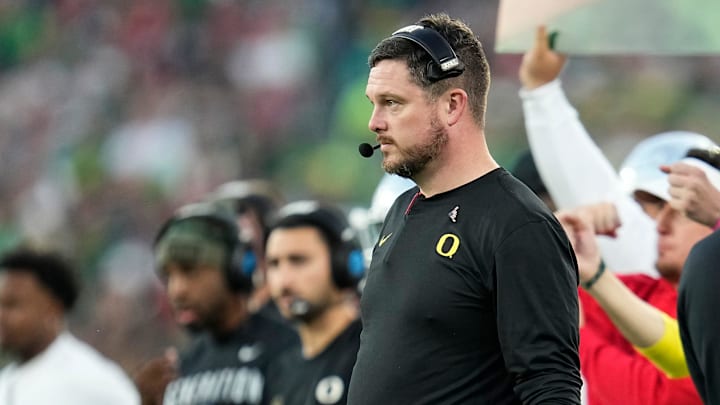 Oregon Ducks head coach Dan Lanning watches from the sideline during the College Football Playoff quarterfinal against the Ohio State Buckeyes at the Rose Bowl in Pasadena, Calif. on Jan. 1, 2025. Ohio State won 41-21. Oregon Ducks head coach Dan Lanning watches from the sideline during the College Football Playoff quarterfinal against the Ohio State Buckeyes at the Rose Bowl in Pasadena, Calif. on Jan. 1, 2025. Ohio State won 41-21.