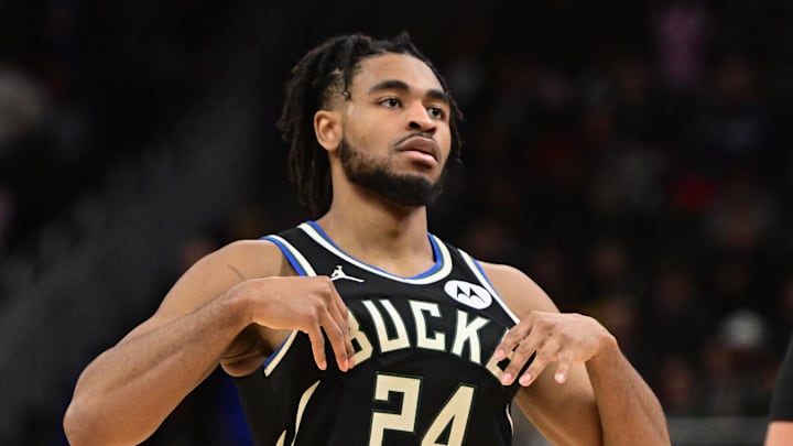 Milwaukee Bucks guard Cam Thomas (24) looks on in the fourth quarter against the Toronto Raptors at Fiserv Forum on February 22, 2026. Milwaukee Bucks guard Cam Thomas (24) looks on in the fourth quarter against the Toronto Raptors at Fiserv Forum on February 22, 2026.