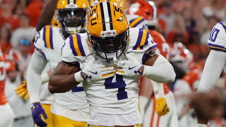 LSU Tigers cornerback Mansoor Delane celebrates after a play against the Clemson Tigers.