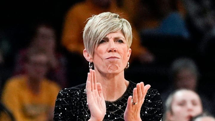 Iowa head coach Jan Jensen reacts during a basketball game against the Lindenwood Lions Dec. 13, 2025 at Carver-Hawkeye Arena in Iowa City, Iowa. Iowa head coach Jan Jensen reacts during a basketball game against the Lindenwood Lions Dec. 13, 2025 at Carver-Hawkeye Arena in Iowa City, Iowa.