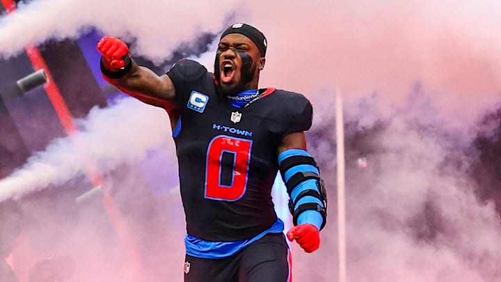 Jan 4, 2026; Houston, Texas, USA; Houston Texans linebacker Azeez al-Shaair (0) is introduced before playing against the Indianapolis Colts at NRG Stadium. Mandatory Credit: Thomas Shea-Imagn Images
