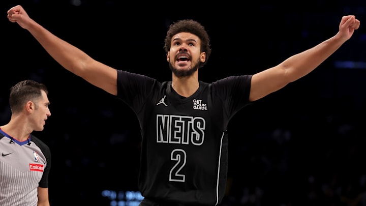 Nov 19, 2024; Brooklyn, New York, USA; Brooklyn Nets forward Cameron Johnson (2) reacts during the fourth quarter against the Charlotte Hornets at Barclays Center. Mandatory Credit: Brad Penner-Imagn Images