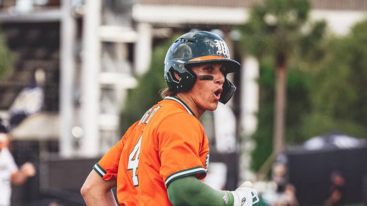 Miami Hurricanes second baseman Jake Ogden ( No. 4) after a home run in the first inning against UCF. Miami Hurricanes second baseman Jake Ogden ( No. 4) after a home run in the first inning against UCF.