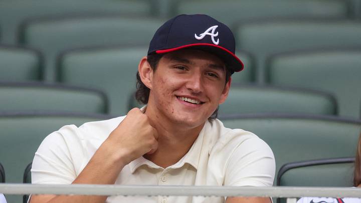Jul 17, 2026; Atlanta, Georgia, USA; Atlanta Braves first-round draft pick AJ Gracia in the stands before a game against the Texas Rangers at Truist Park. Mandatory Credit: Brett Davis-Imagn Images