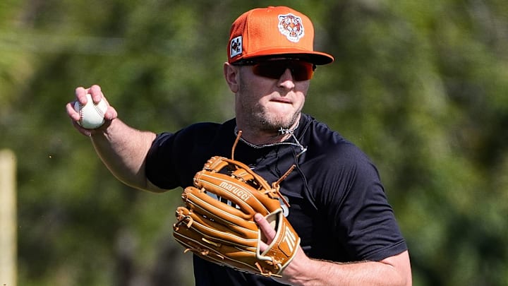 Detroit Tigers infielder Jace Jung practices a drill during spring training at TigerTown in Lakeland, Fla. on Tuesday, Feb. 18, 2025. Detroit Tigers infielder Jace Jung practices a drill during spring training at TigerTown in Lakeland, Fla. on Tuesday, Feb. 18, 2025.