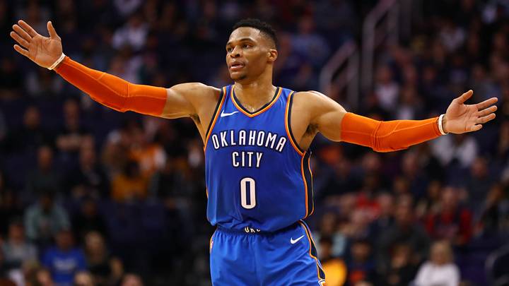 Dec 28, 2018; Phoenix, AZ, USA; Oklahoma City Thunder guard Russell Westbrook (0) celebrates a shot against the Phoenix Suns at Talking Stick Resort Arena. Mandatory Credit: Mark J. Rebilas-USA TODAY Sports Dec 28, 2018; Phoenix, AZ, USA; Oklahoma City Thunder guard Russell Westbrook (0) celebrates a shot against the Phoenix Suns at Talking Stick Resort Arena. Mandatory Credit: Mark J. Rebilas-USA TODAY Sports