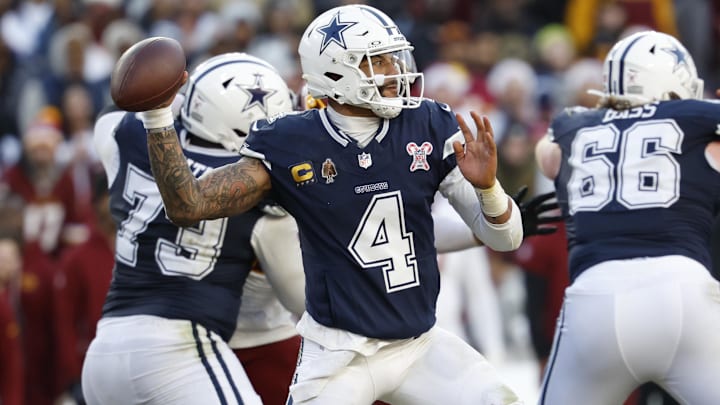 Dallas Cowboys quarterback Dak Prescott passes the ball against the Washington Commanders. Dallas Cowboys quarterback Dak Prescott passes the ball against the Washington Commanders.