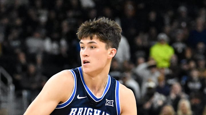 Dec 3, 2024; Providence, Rhode Island, USA; Brigham Young Cougars guard Egor Demin (3) dribbles against Providence Friars guard Bensley Joseph (7) during the second half at Amica Mutual Pavilion. Mandatory Credit: Eric Canha-Imagn Images