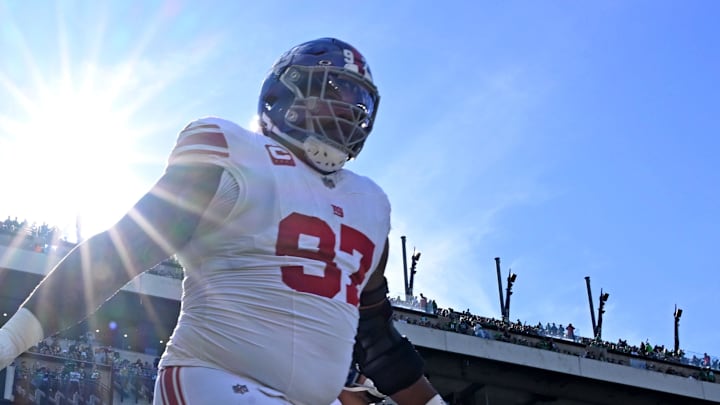 Oct 26, 2025; Philadelphia, Pennsylvania, USA; New York Giants defensive tackle Dexter Lawrence (97) takes the filed against the Philadelphia Eagles at Lincoln Financial Field. Mandatory Credit: Eric Hartline-Imagn Images