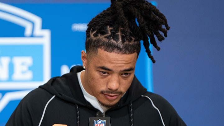 Feb 27, 2026; Indianapolis, IN, USA; Southern California wideout Makai Lemon (WO29) speaks to members of the media during the NFL Combine at the Indiana Convention Center. Mandatory Credit: Jacob Musselman-Imagn Images