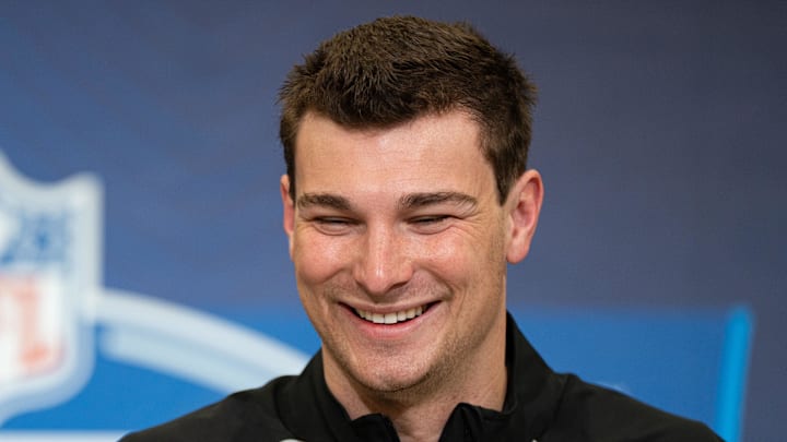 Feb 27, 2026; Indianapolis, IN, USA; Indiana quarterback Fernando Mendoza (QB11) speaks to members of the media during the NFL Combine at the Indiana Convention Center. Mandatory Credit: Jacob Musselman-Imagn Images