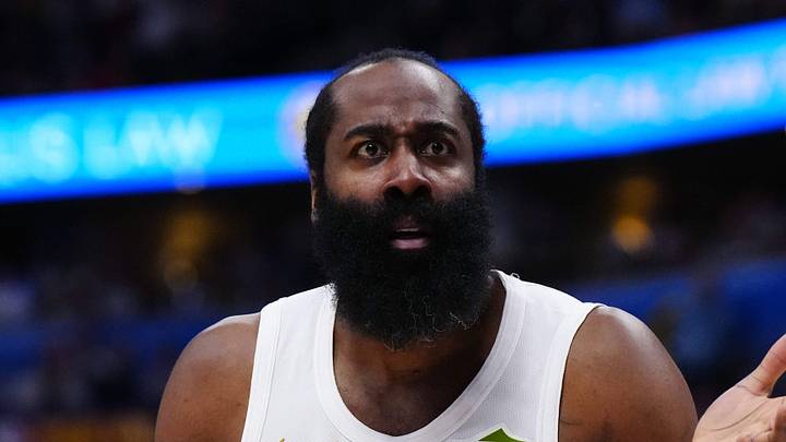 Feb 9, 2026; Denver, Colorado, USA; Cleveland Cavaliers guard James Harden (1) reacts in the third quarter against the Denver Nuggets at Ball Arena. Mandatory Credit: Ron Chenoy-Imagn Images