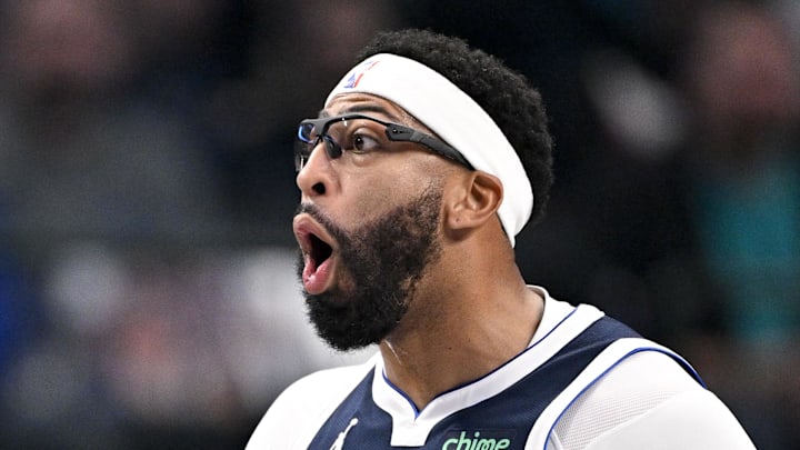 Dallas Mavericks forward Anthony Davis (3) reacts to a foul call during the first quarter against the Brooklyn Nets at the American Airlines Center on December 12, 2025.