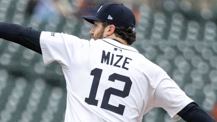 Apr 7, 2025; Detroit, Michigan, USA;  Detroit Tigers pitcher Casey Mize (12) delivers in the first inning against the New York Yankees at Comerica Park