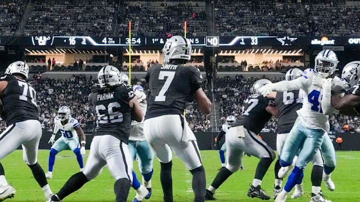 Nov 17, 2025; Paradise, Nevada, USA; Las Vegas Raiders quarterback Geno Smith (7) looks to pass downfield against the Dallas Cowboys during the second half at Allegiant Stadium. Mandatory Credit: Kirby Lee-Imagn Images