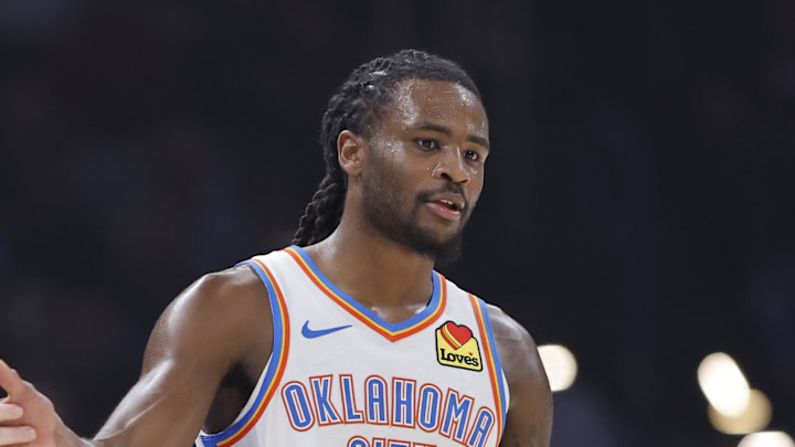 Feb 12, 2026; Oklahoma City, Oklahoma, USA; Oklahoma City Thunder guard Cason Wallace (22) and guard Alex Caruso (9) high five after a play against the Milwaukee Bucks during the first half at Paycom Center. Mandatory Credit: Alonzo Adams-Imagn Images Feb 12, 2026; Oklahoma City, Oklahoma, USA; Oklahoma City Thunder guard Cason Wallace (22) and guard Alex Caruso (9) high five after a play against the Milwaukee Bucks during the first half at Paycom Center. Mandatory Credit: Alonzo Adams-Imagn Images