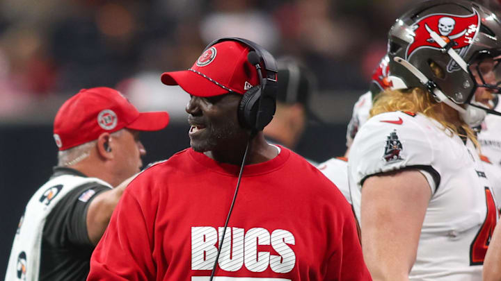 Oct 3, 2024; Atlanta, Georgia, USA; Tampa Bay Buccaneers head coach Todd Bowles on the sideline against the Atlanta Falcons in the third quarter at Mercedes-Benz Stadium. Mandatory Credit: Brett Davis-Imagn Images