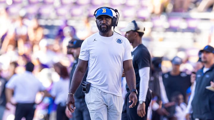 Sep 21, 2024; Baton Rouge, Louisiana, USA;  UCLA Bruins head coach DeShaun Foster looks on during the second half against the LSU Tigers at Tiger Stadium. Mandatory Credit: Stephen Lew-Imagn Images
