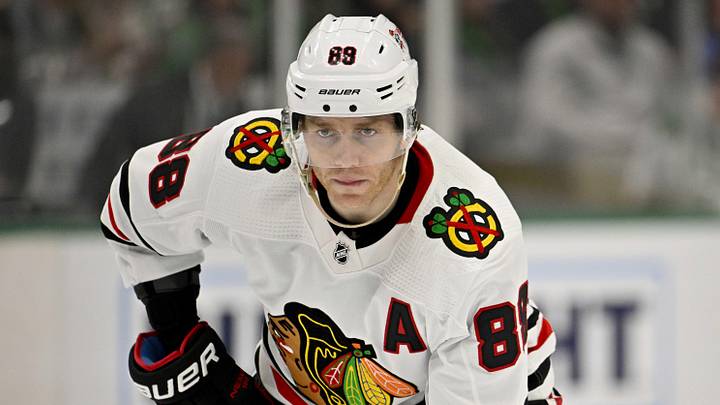 Feb 22, 2023; Dallas, Texas, USA; Chicago Blackhawks right wing Patrick Kane (88) in action during the game between the Dallas Stars and the Chicago Blackhawks at American Airlines Center. Mandatory Credit: Jerome Miron-Imagn Images