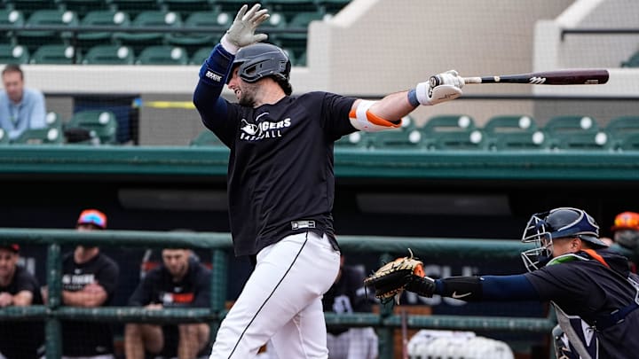 Detroit Tigers outfielder Matt Vierling bats at batting practice during spring training at Joker Marchant Stadium in Lakeland, Fla. on Thursday, Feb. 20, 2025. Detroit Tigers outfielder Matt Vierling bats at batting practice during spring training at Joker Marchant Stadium in Lakeland, Fla. on Thursday, Feb. 20, 2025.