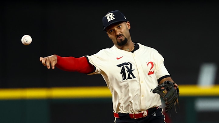 Texas Rangers second baseman Marcus Semien (2) throws to first base on August 8, 2025 Texas Rangers second baseman Marcus Semien (2) throws to first base on August 8, 2025