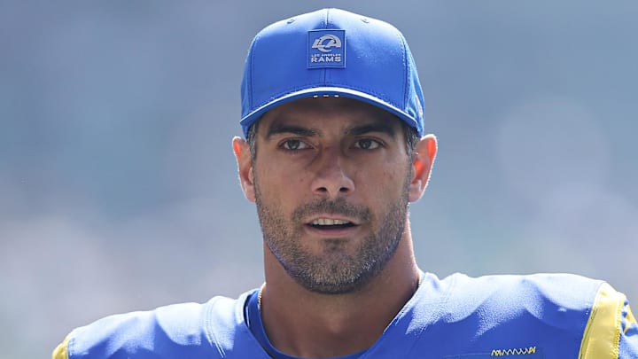 Sep 21, 2025; Philadelphia, Pennsylvania, USA; Los Angeles Rams quarterback Jimmy Garoppolo (11) before action against the Philadelphia Eagles at Lincoln Financial Field. Mandatory Credit: Bill Streicher-Imagn Images