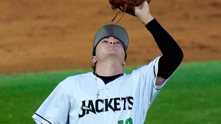 Augusta GreenJackets infielder Alex Lodise (12) catches a fly ball during opening day of the Augusta GreenJackets at SRP Park in North Augusta, S.C., on Tuesday, April 14, 2026. The GreenJackets beat Fayetteville 4-2. Mandatory Credit: Katie Goodale - Augusta Chronicle/USA TODAY NETWORK