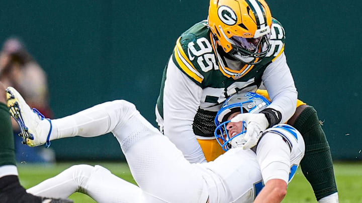 Detroit Lions quarterback Jared Goff is tackled by Green Bay Packers defensive tackle Devonte Wyatt Detroit Lions quarterback Jared Goff is tackled by Green Bay Packers defensive tackle Devonte Wyatt