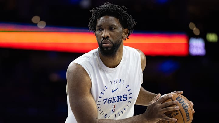 Dec 23, 2024; Philadelphia, Pennsylvania, USA; Philadelphia 76ers center Joel Embiid before action against the San Antonio Spurs at Wells Fargo Center. Mandatory Credit: Bill Streicher-Imagn Images
