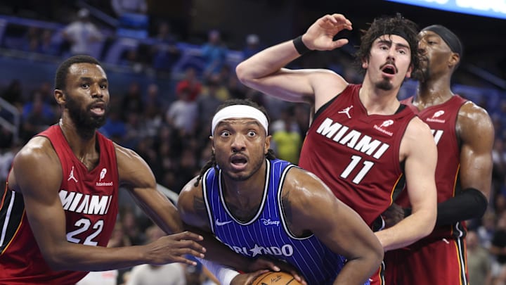 Dec 5, 2025; Orlando, Florida, USA; Orlando Magic center Wendell Carter Jr. (34) races to a jump ball call against the Miami Heat in the fourth quarter at Kia Center. Mandatory Credit: Nathan Ray Seebeck-Imagn Images Dec 5, 2025; Orlando, Florida, USA; Orlando Magic center Wendell Carter Jr. (34) races to a jump ball call against the Miami Heat in the fourth quarter at Kia Center. Mandatory Credit: Nathan Ray Seebeck-Imagn Images