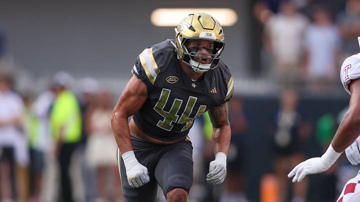 Sep 20, 2025; Atlanta, Georgia, USA; Georgia Tech Yellow Jackets linebacker Kyle Efford (44) rushes the passer against the Temple Owls in the second quarter at Bobby Dodd Stadium at Hyundai Field. Mandatory Credit: Brett Davis-Imagn Images