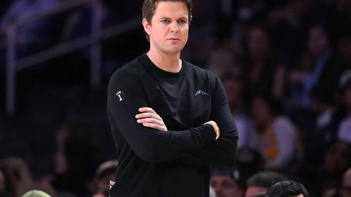 Apr 12, 2026; Los Angeles, California; Utah Jazz head coach Will Hardy watches against the Los Angeles Lakers at the Crypto.com Arena. Mandatory Credit: Kirby Lee-Imagn Images