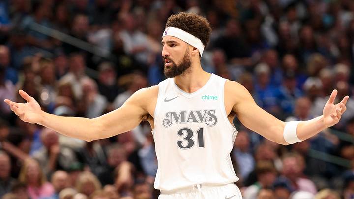 Nov 16, 2024; Dallas, Texas, USA;  Dallas Mavericks guard Klay Thompson (31) reacts during the first half against the San Antonio Spurs at American Airlines Center. Mandatory Credit: Kevin Jairaj-Imagn Images