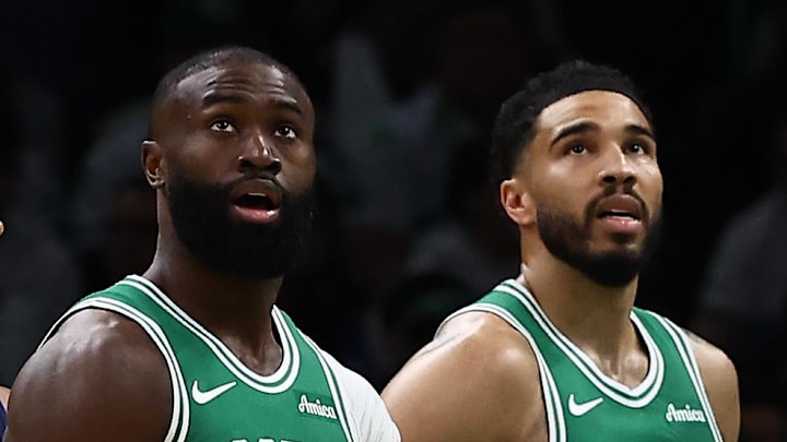 Mar 6, 2026; Boston, Massachusetts, USA; Boston Celtics guard Jaylen Brown (7) and forward Jayson Tatum (0) watch the Jumbotron during the second quarter against the Dallas Mavericks at TD Garden. Mandatory Credit: Winslow Townson-Imagn Images