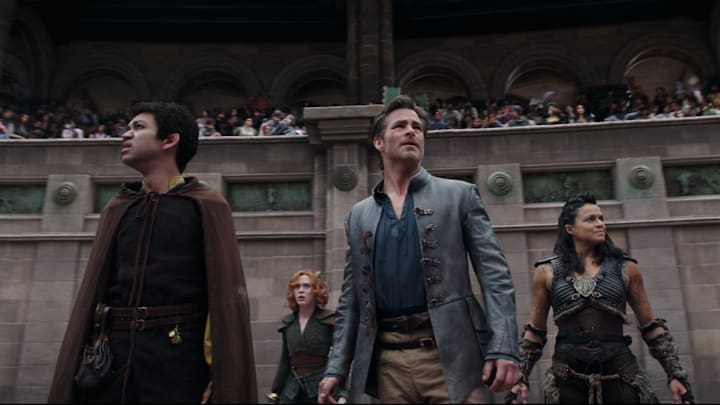 Justice Smith plays Simon, Sophia Lillis plays Doric, Chris Pine plays Edgin and Michelle Rodriguez plays Holga in Dungeons & Dragons: Honor Among Thieves from Paramount Pictures.
