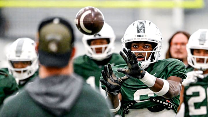 Michigan State wide receiver Nick Marsh catches a pass during football practice on Tuesday, April 8, 2025, in East Lansing.