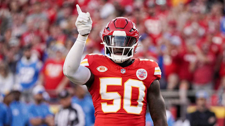 Oct 12, 2023; Kansas City, Missouri, USA; Kansas City Chiefs linebacker Willie Gay (50) celebrates
